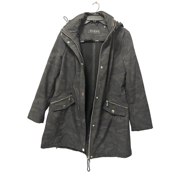 Jackets & Blazers - GUESS Women’s Hooded Coat Zip Front Black Pattern Size XL